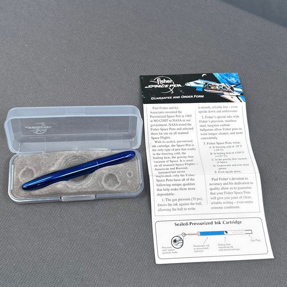 Fisher Space Pen Bullet Ballpoint Pen Blue Chrome Tested w/ Case NASA Astronaut